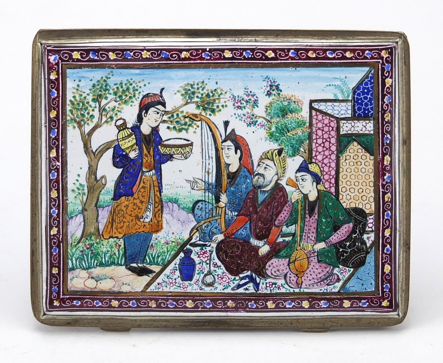Persian enamelled cigarette case hand painted with figures, flowers and birds, 10.5cm x 8cm : For - Image 2 of 4