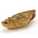 Antique continental marble oil lamp carved with grotesque face, 12cm wide : For further condition