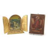 Two Russian religious icons including one of the Vision of St Hubert by Van Der Weyd, the largest