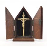 19th century carved ivory Corpus Christi on cross housed in a case, overall 23cm high : For