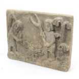 Folk Art stone panel, carved with workers, 46cm x 36cm : For Further Condition Reports Please