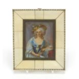 Rectangular hand painted portrait miniature of a seated female wearing a wide brimmed hat, housed in