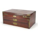 Victorian mahogany campaign drawing chest with brass inset handles, the hinged lid opening to reveal