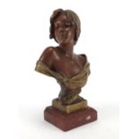 Emmanuel Villanis 1858-1914, Seule!, patinated bronze bust of an Art Nouveau maiden, on red