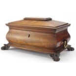 Victorian rosewood tea caddy with brass handles, the hinged lid opening to reveal a fitted interior,