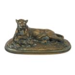 Paul-Edouard Delabrierre 1829-1912, patinated bronze recumbent Puma with a Fennec fox on oval