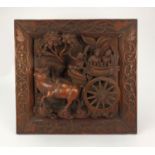 Wood panel relief carved with figures in a cart, 52cm x 50cm : For Further Condition Reports