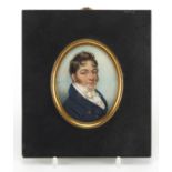 Georgian oval hand painted portrait miniature onto ivory of Joseph Colyer, inscribed Painted by