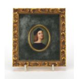 Oval hand painted portrait miniature onto ivory of a female, bearing an indistinct signature,