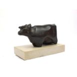 Caroline Byng Lucas 1886-1967, Cow & Milkmaid, large African hardwood sculpture on rectangular stone