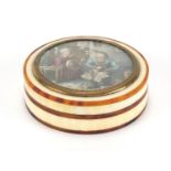 19th century tortoiseshell and ivory box and cover, the lid with hand painted with a cobbler and his