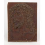 Well detailed continental carved wooden panel of Jesus wearing a crown of thorns, incised initials