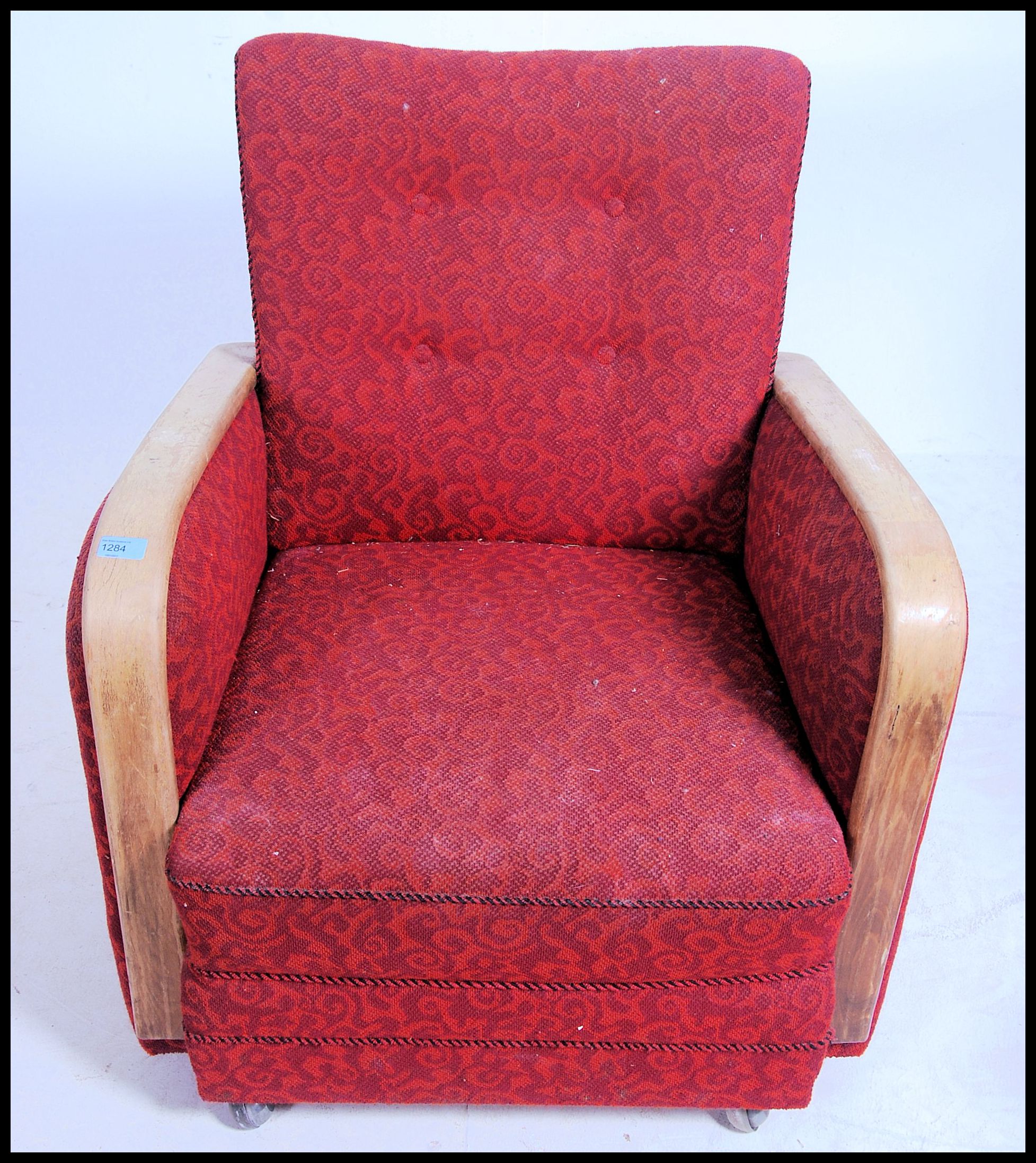 A good 1930's Art Deco club armchair having red moquette upholstered frame with bentwood oak - Image 4 of 5