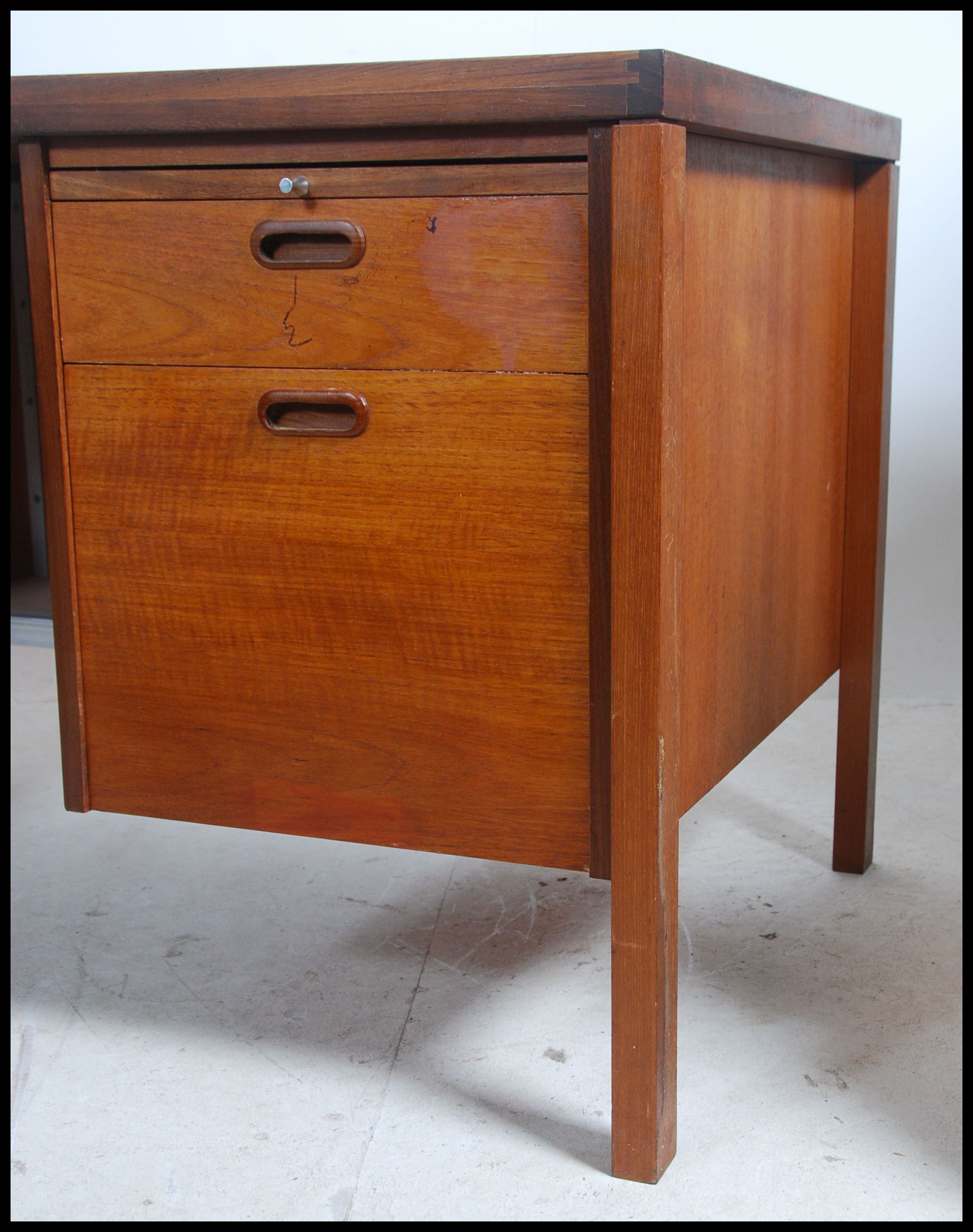 A 1970's good Danish inspired teak wood twin pedestal office desk being raised on squared legs - Image 6 of 6