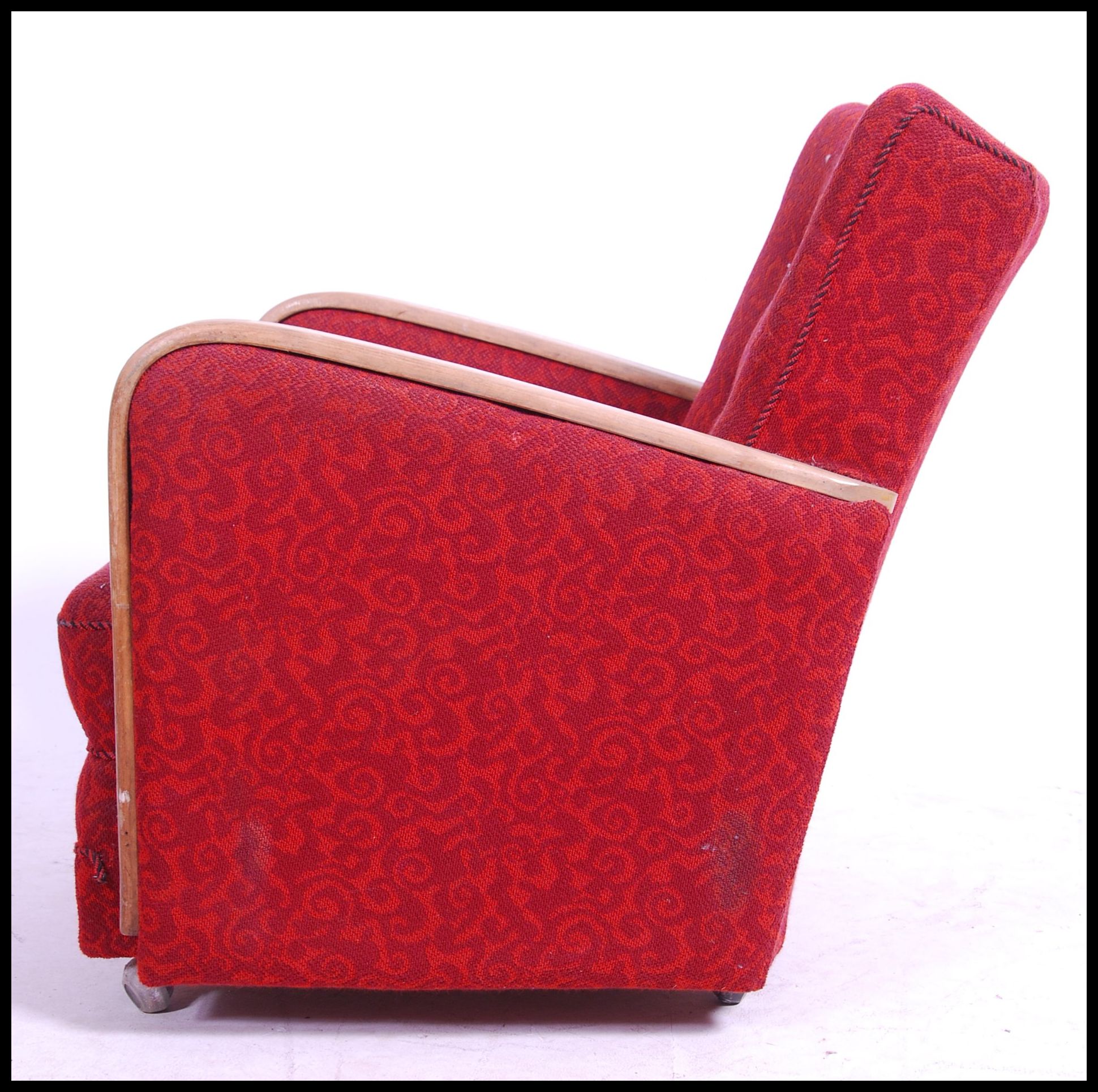 A good 1930's Art Deco club armchair having red moquette upholstered frame with bentwood oak - Image 3 of 5