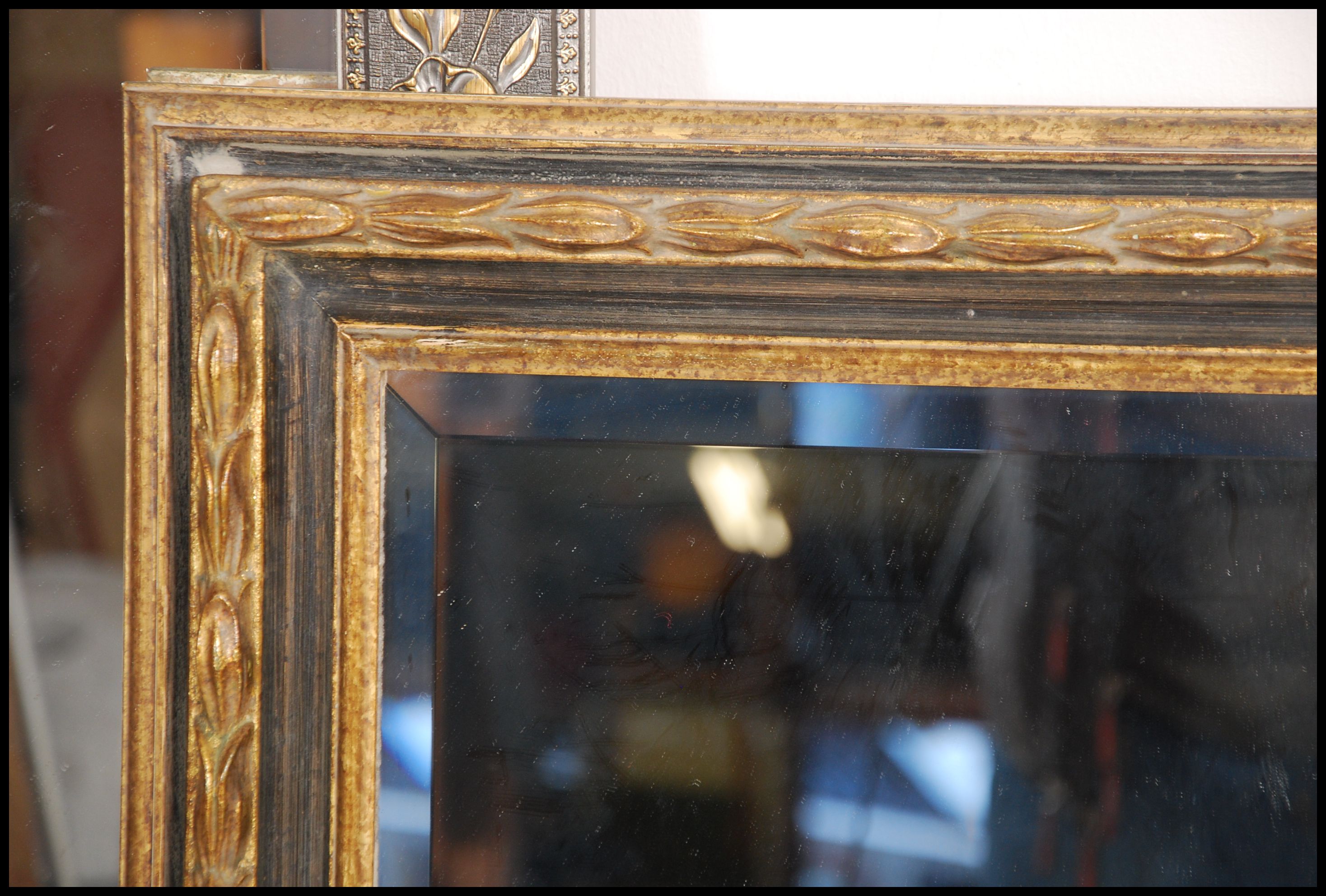 Two contemporary large framed mirrors the frames having  a gilt finish decoration with central - Image 2 of 3