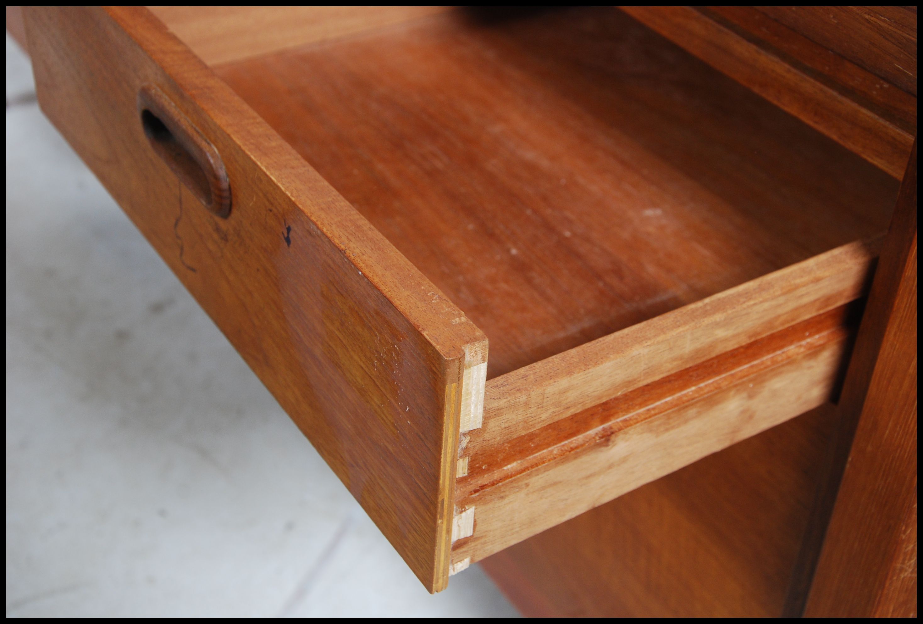 A 1970's good Danish inspired teak wood twin pedestal office desk being raised on squared legs - Image 4 of 6