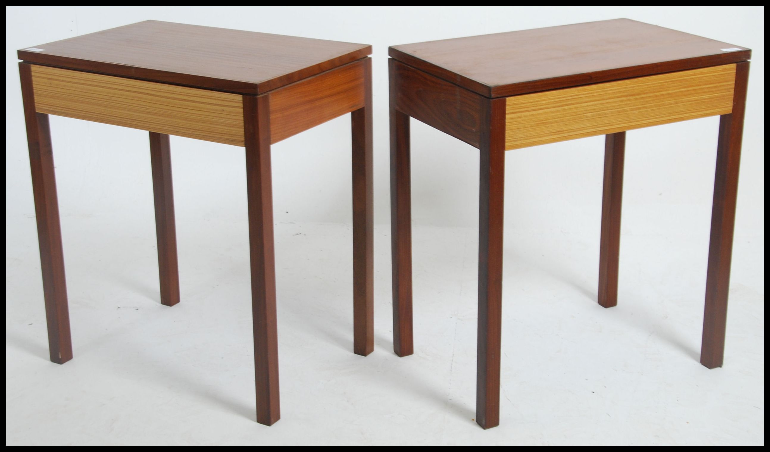 A pair of 1970's teak wood two tone retro Air Ministry side table - bedside tables. Each raised on - Image 2 of 5