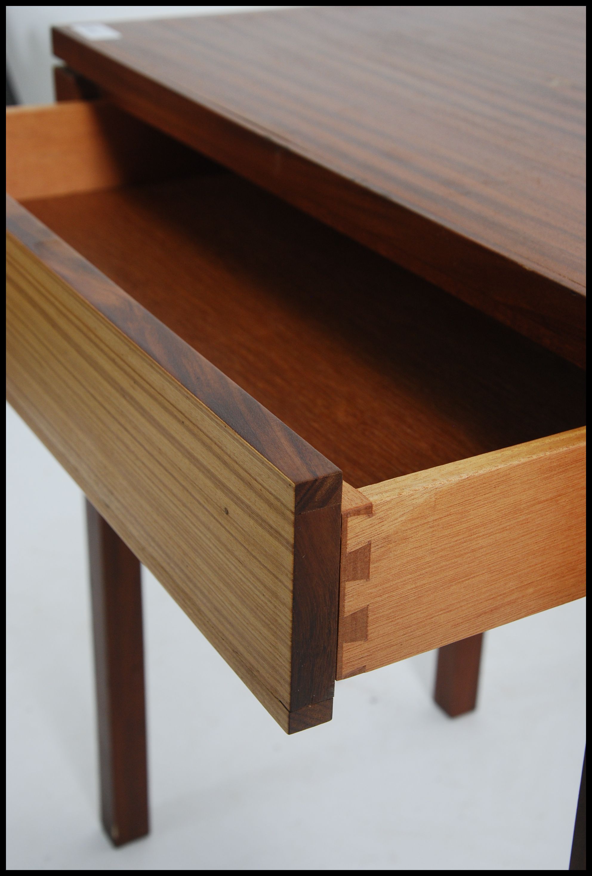 A pair of 1970's teak wood two tone retro Air Ministry side table - bedside tables. Each raised on - Image 4 of 5