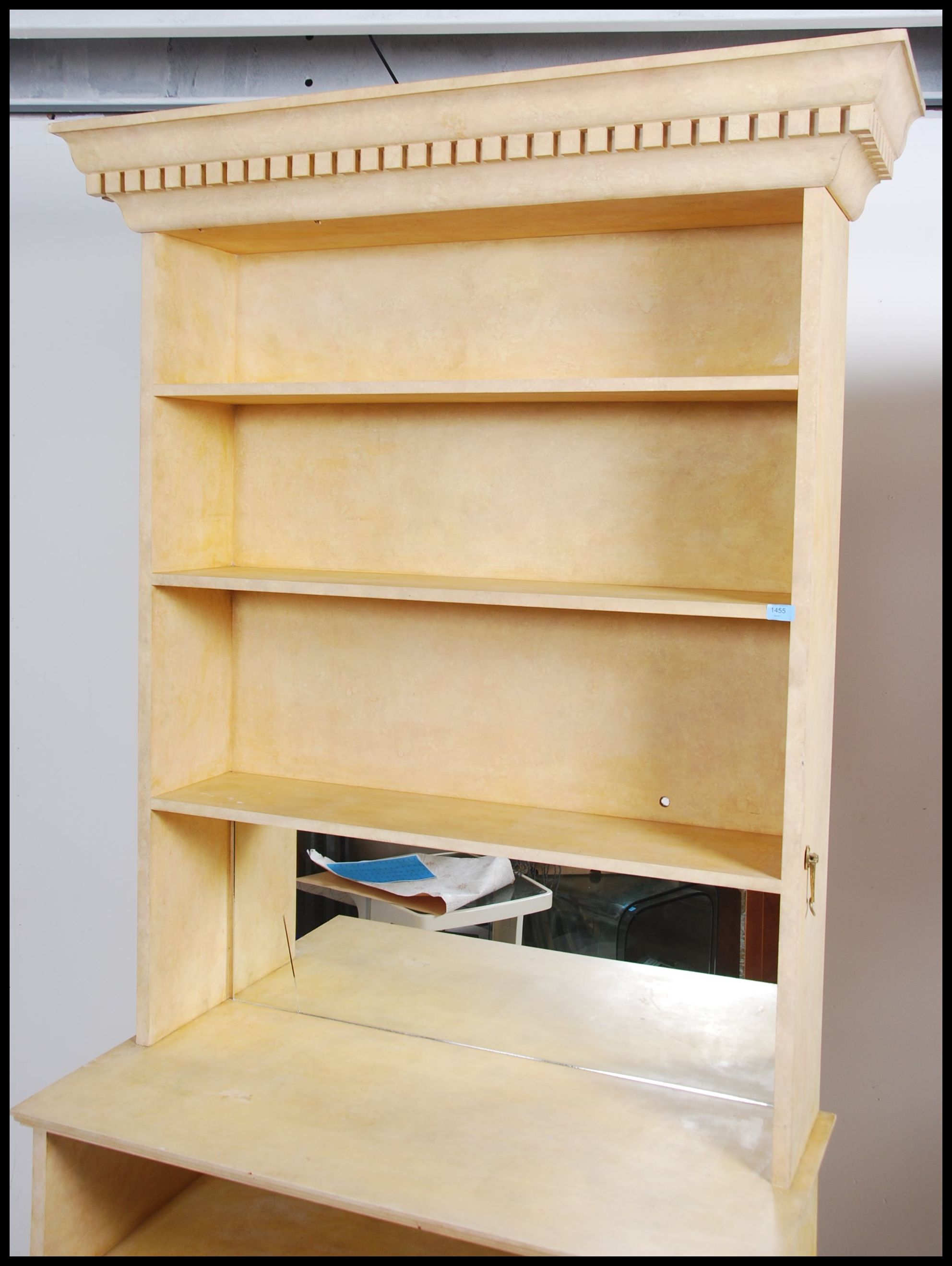 An unusual painted large breakfront bookcase cabinet having a flared cornice over open window - Image 3 of 5