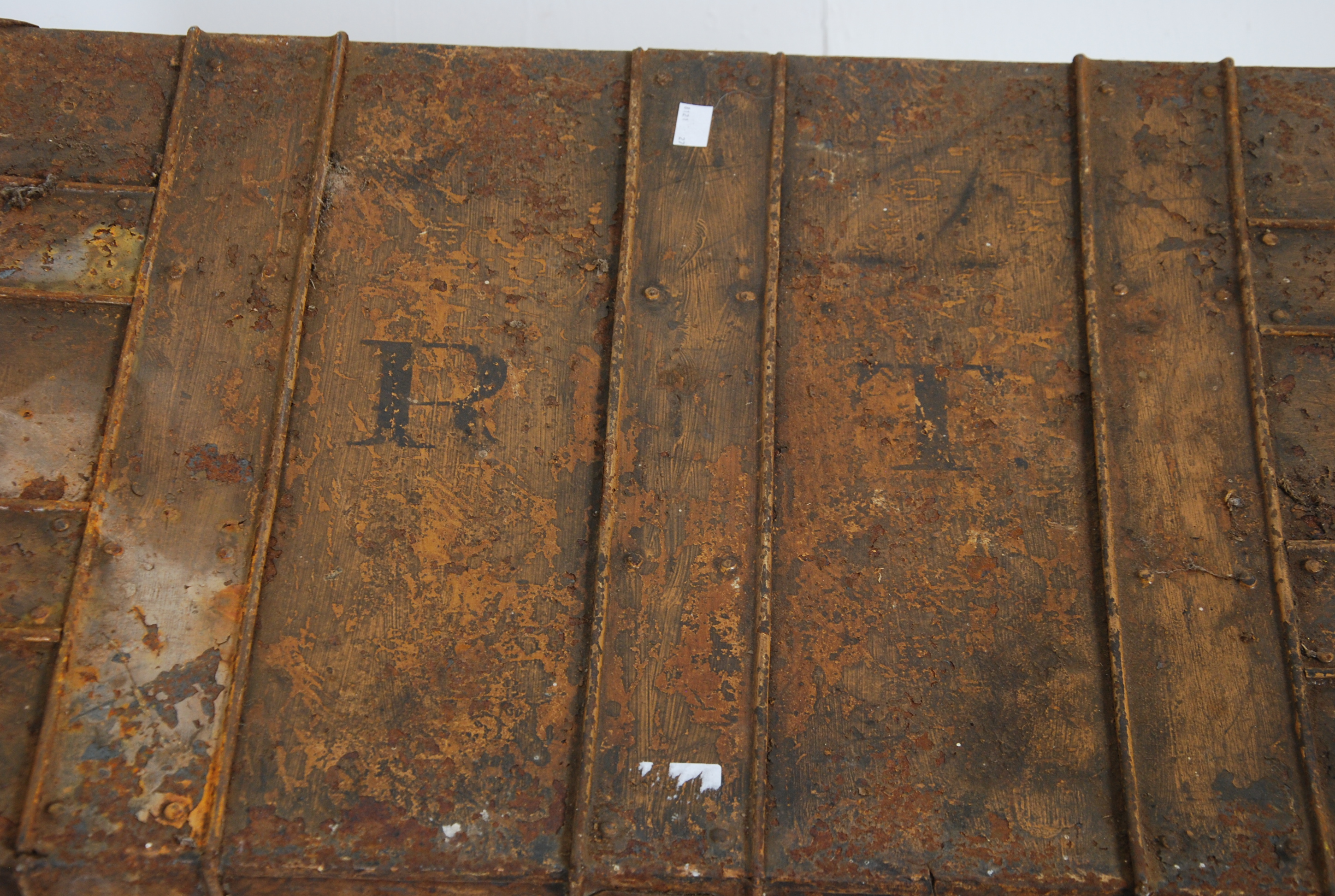 A late 19th century tin steamer trunk chest of square form. Banded effect finish with hinged lid and - Image 3 of 5