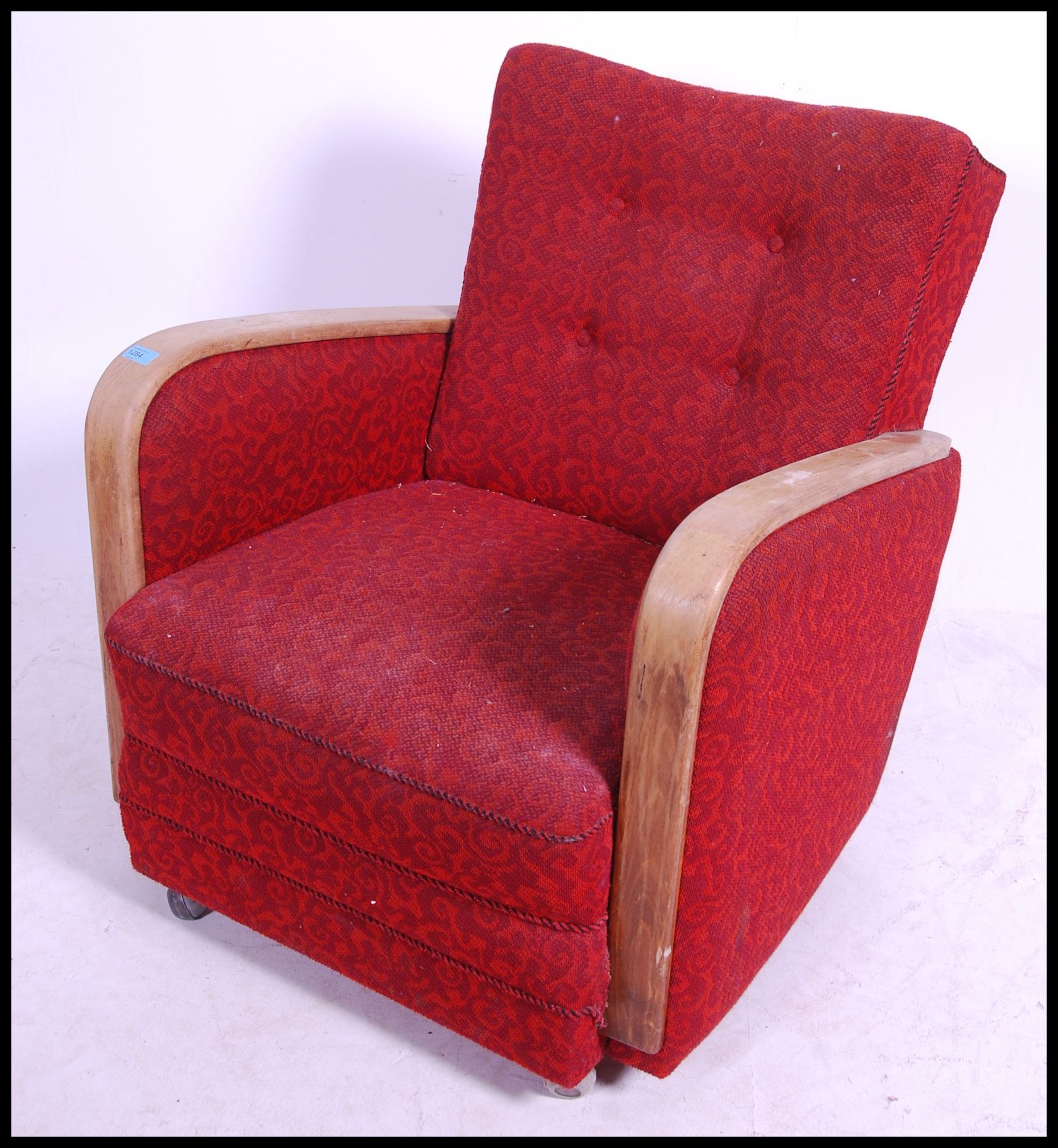 A good 1930's Art Deco club armchair having red moquette upholstered frame with bentwood oak - Image 2 of 5