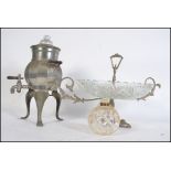 A vintage white metal samovar together with a large cut glass and silver plated centrepiece dish and