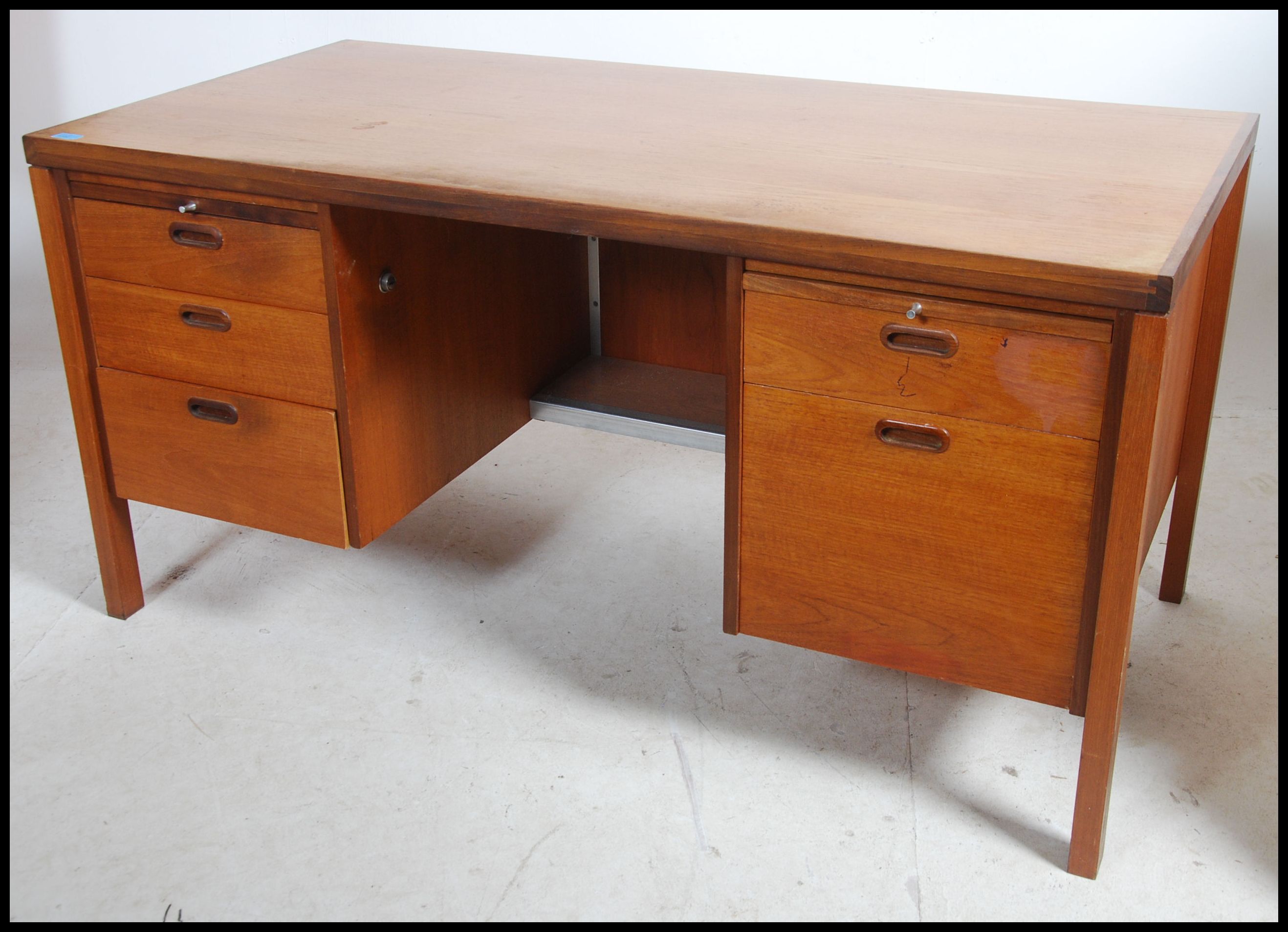 A 1970's good Danish inspired teak wood twin pedestal office desk being raised on squared legs - Image 2 of 6