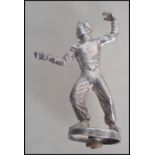 A silver hallmarked car mascot in the form of a fencer. Raised on a plinth base being marked for