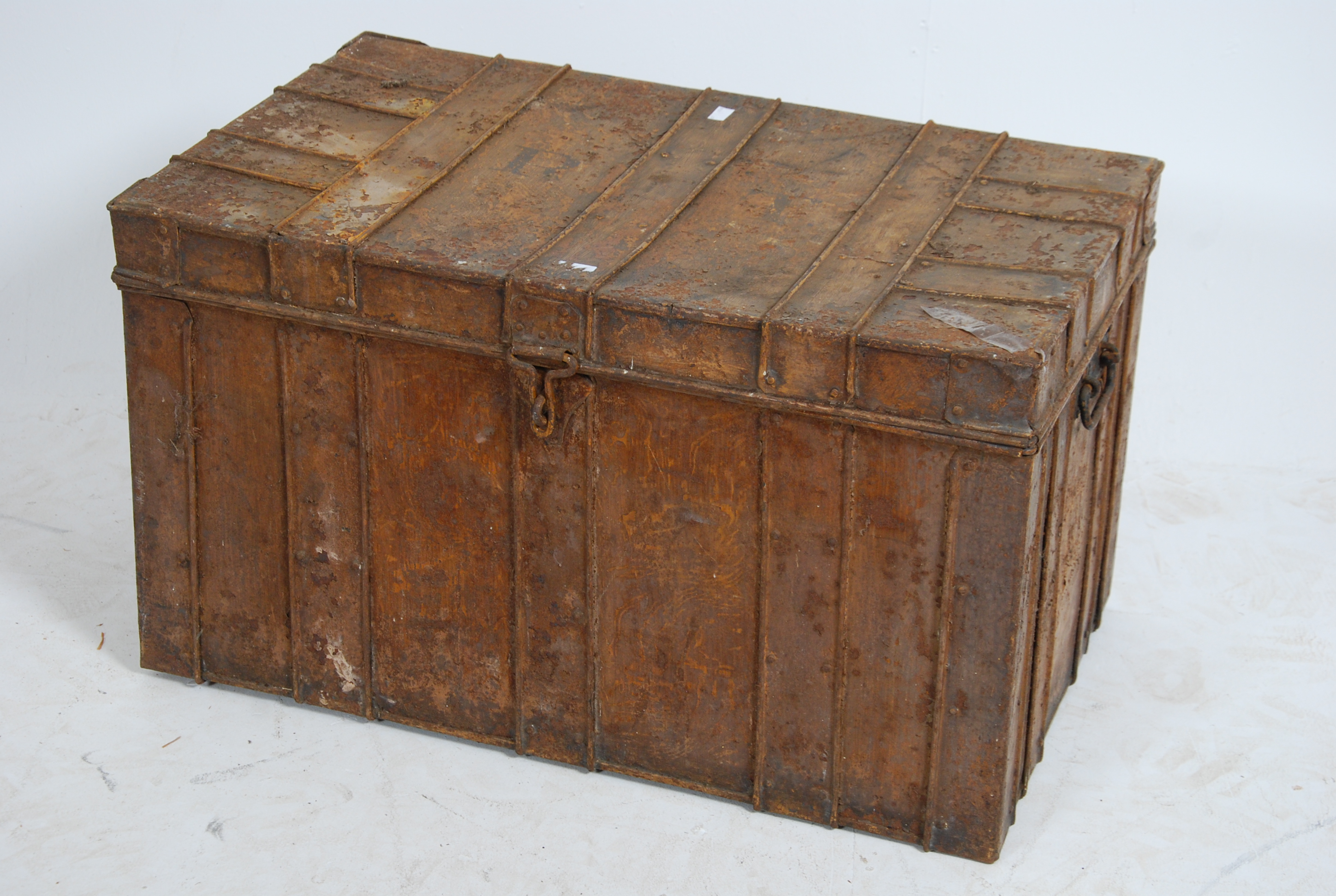 A late 19th century tin steamer trunk chest of square form. Banded effect finish with hinged lid and - Image 2 of 5