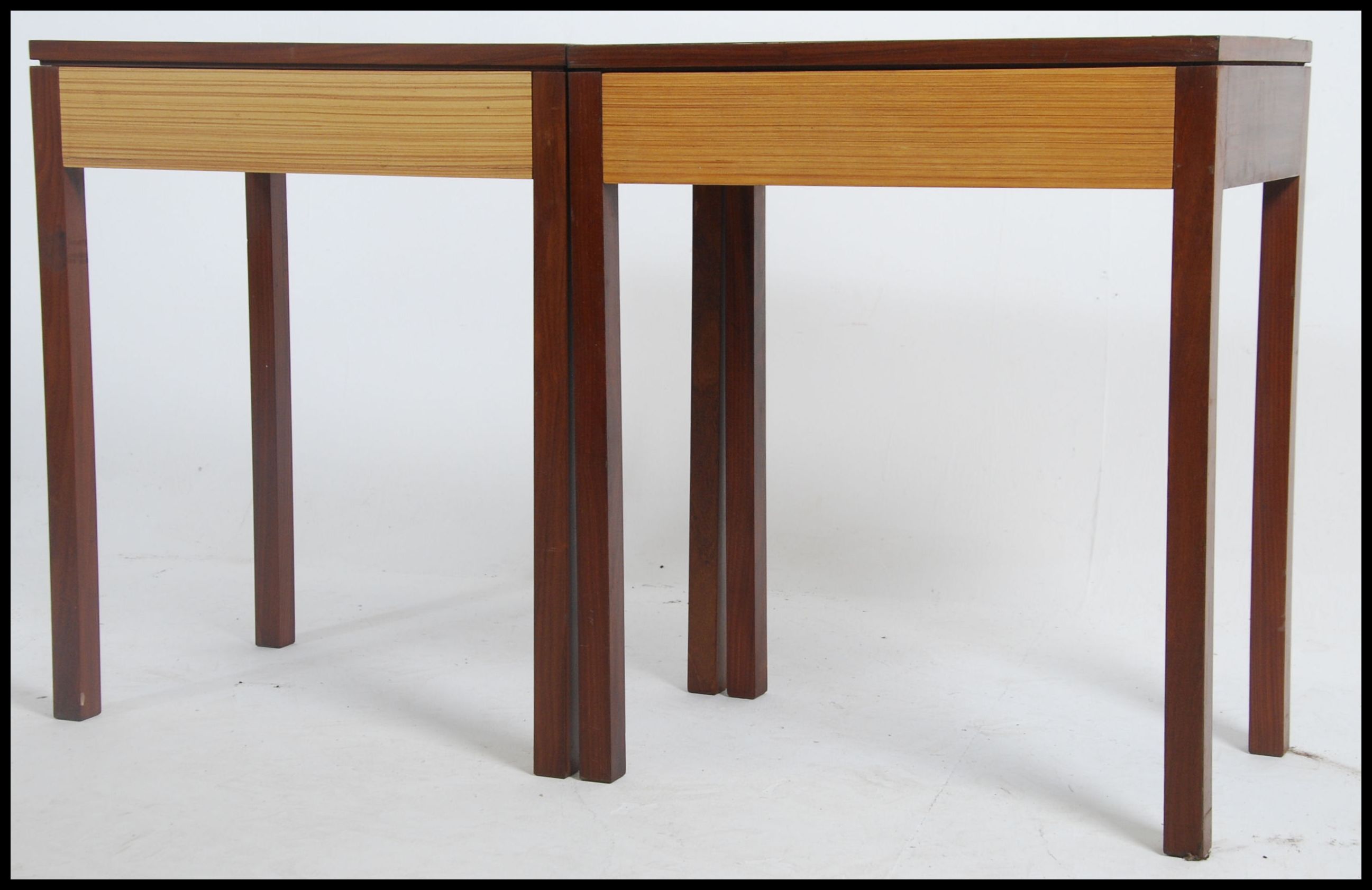 A pair of 1970's teak wood two tone retro Air Ministry side table - bedside tables. Each raised on - Image 5 of 5