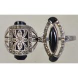 A pair of silver 925 and marcasite Art Deco style ladies dress rings both having jet stone