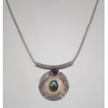 A silver 925 snake link necklace chain with lobster claw clasp having a amethyst and labradorite