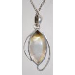 A silver 925 box link necklace chain with spring hoop clasp with large mother of pearl drop pendant.