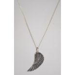 A silver 925 curb link necklace chain with a spring hoop clasp having a silver service angel wing