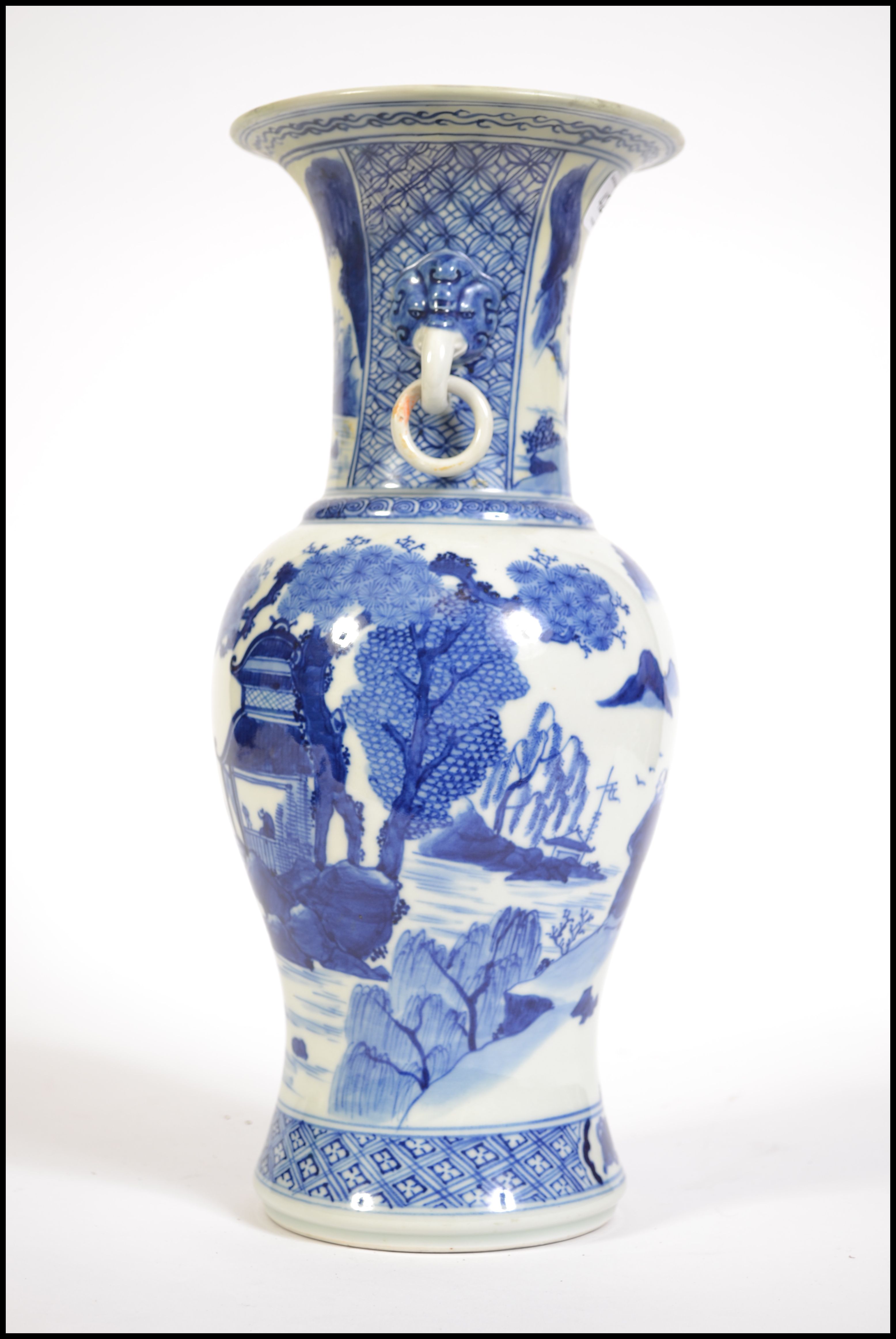 A Chinese blue and white Kang-xi type twin handled gu vase having ring handles with elephant mask - Image 2 of 10