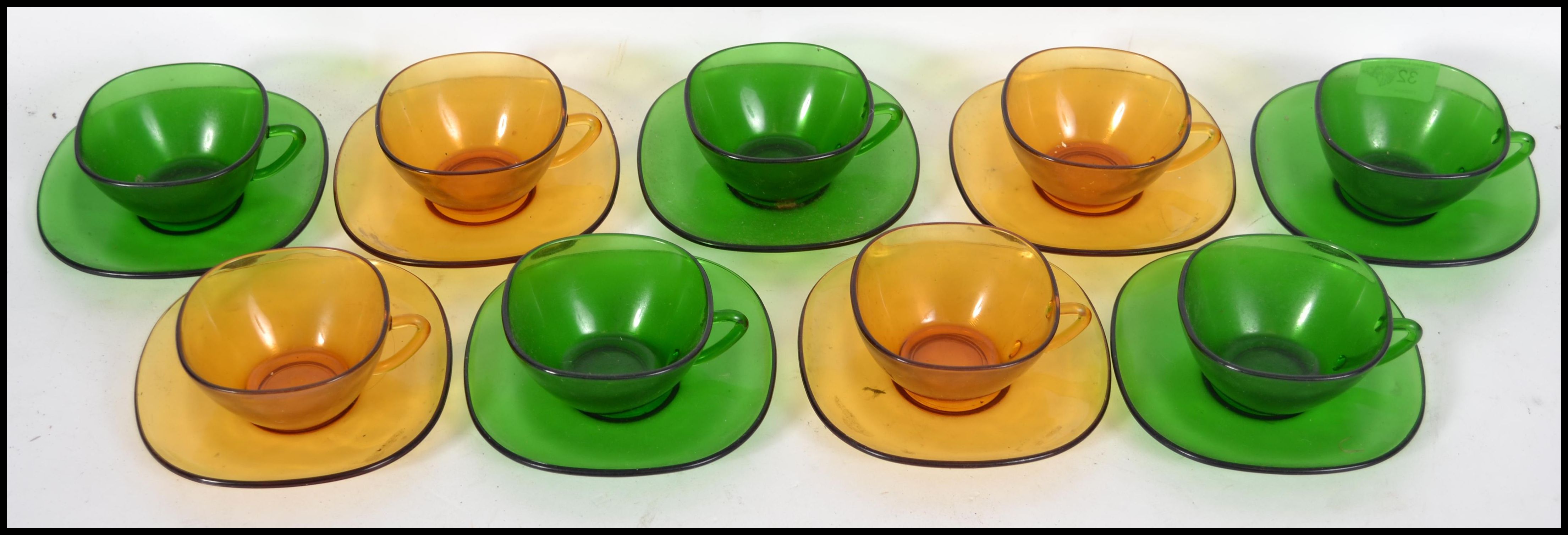 A group of eight French pressed coloured glass coffee cups and matching saucers - Image 2 of 5
