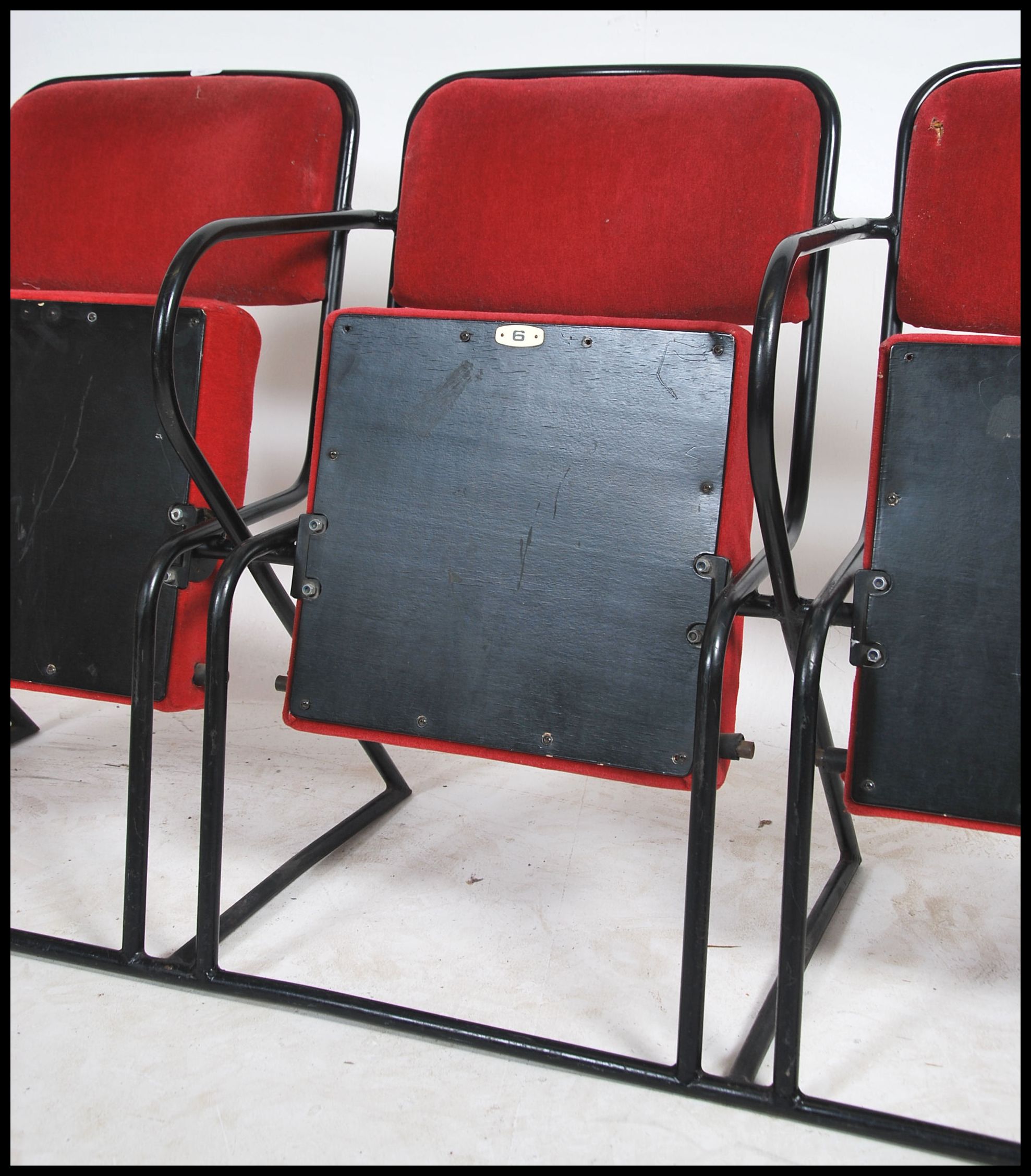 A set of 4 - run of 4 retro 20th century folding cinema chairs upholstered in red moquette fabric - Image 2 of 4
