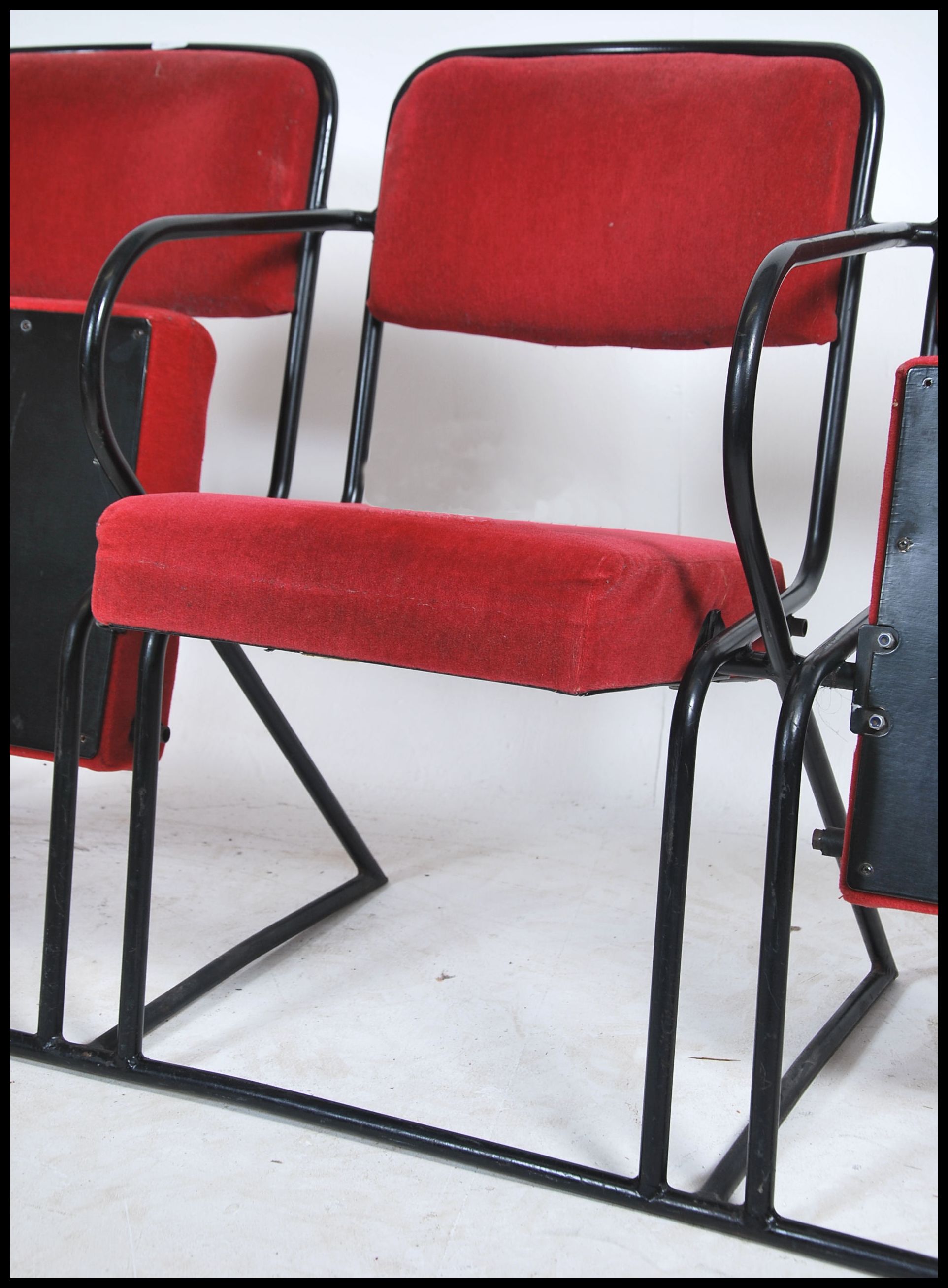 A set of 4 - run of 4 retro 20th century folding cinema chairs upholstered in red moquette fabric - Image 3 of 4
