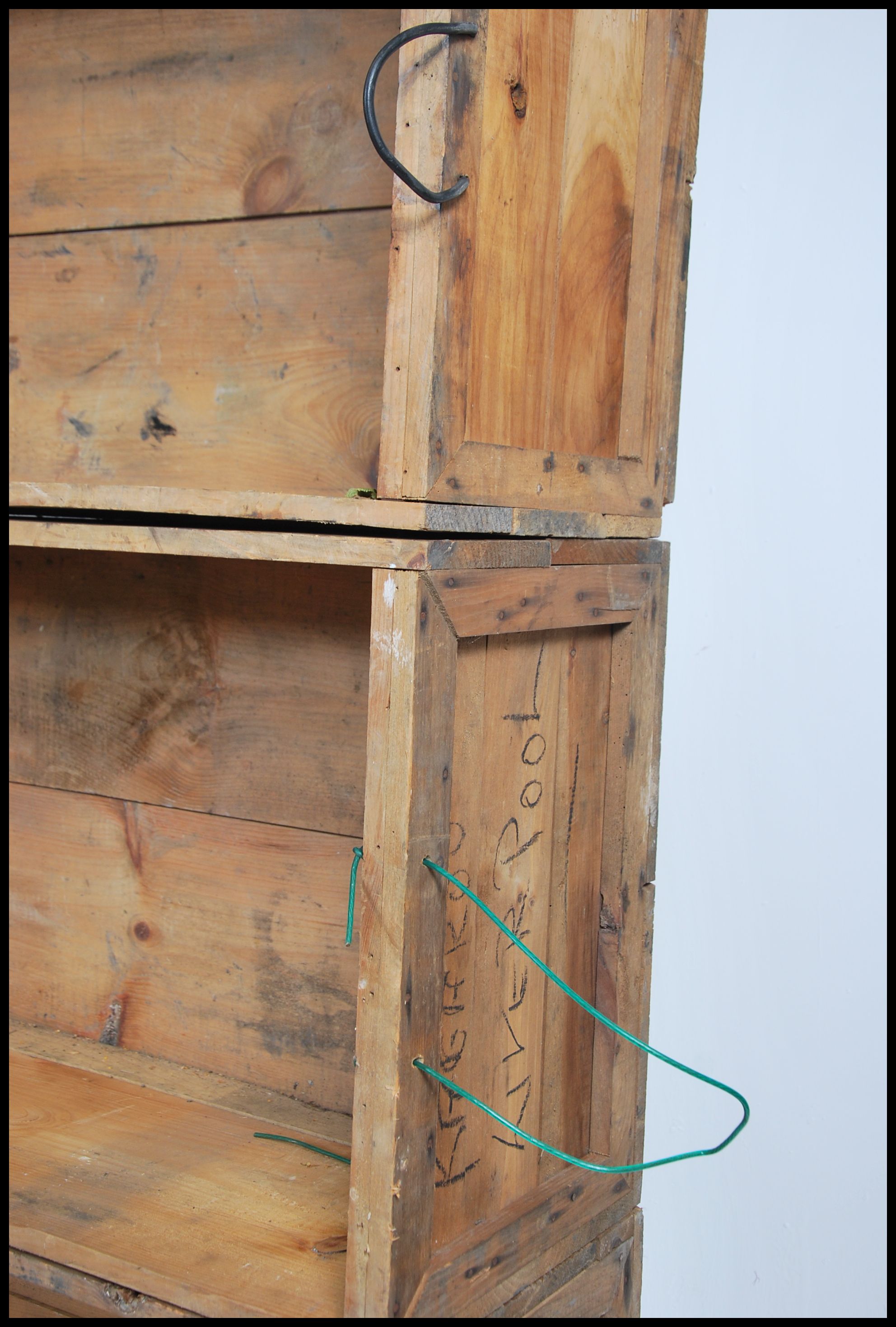 A stack of 4 vintage large wooden Industrial size crates. Panel seats and slatted bases with - Image 3 of 5