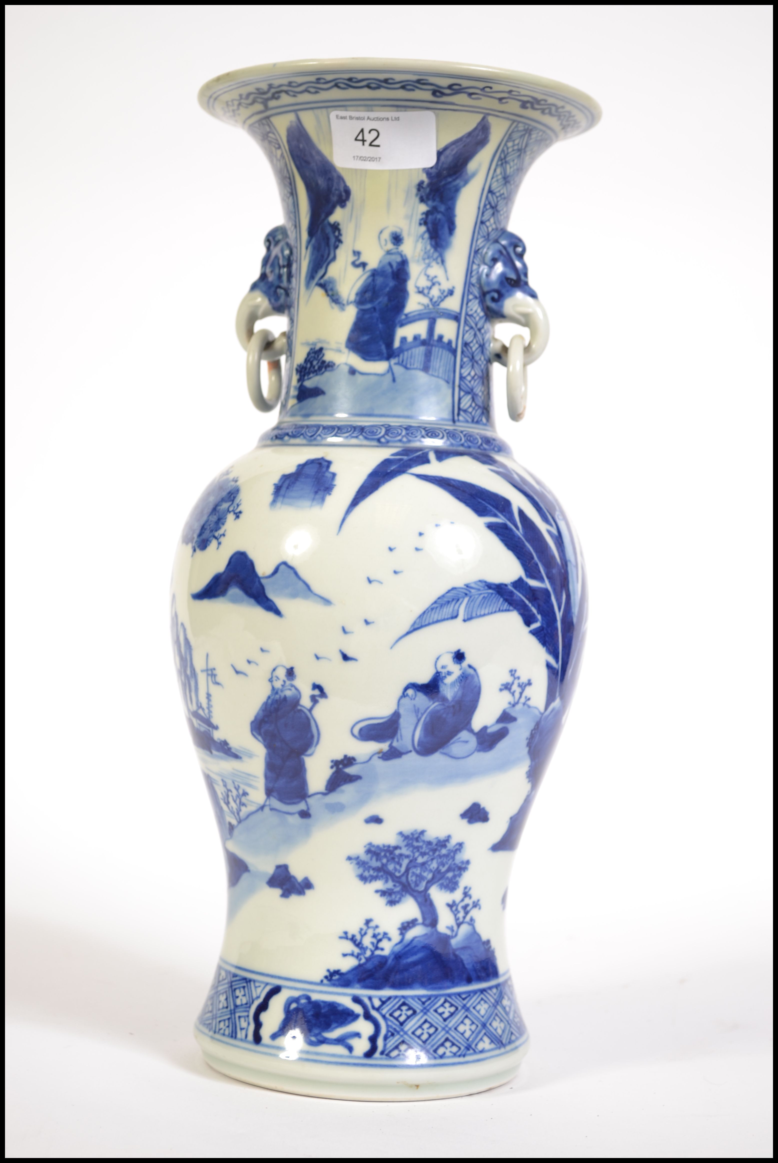 A Chinese blue and white Kang-xi type twin handled gu vase having ring handles with elephant mask - Image 3 of 10