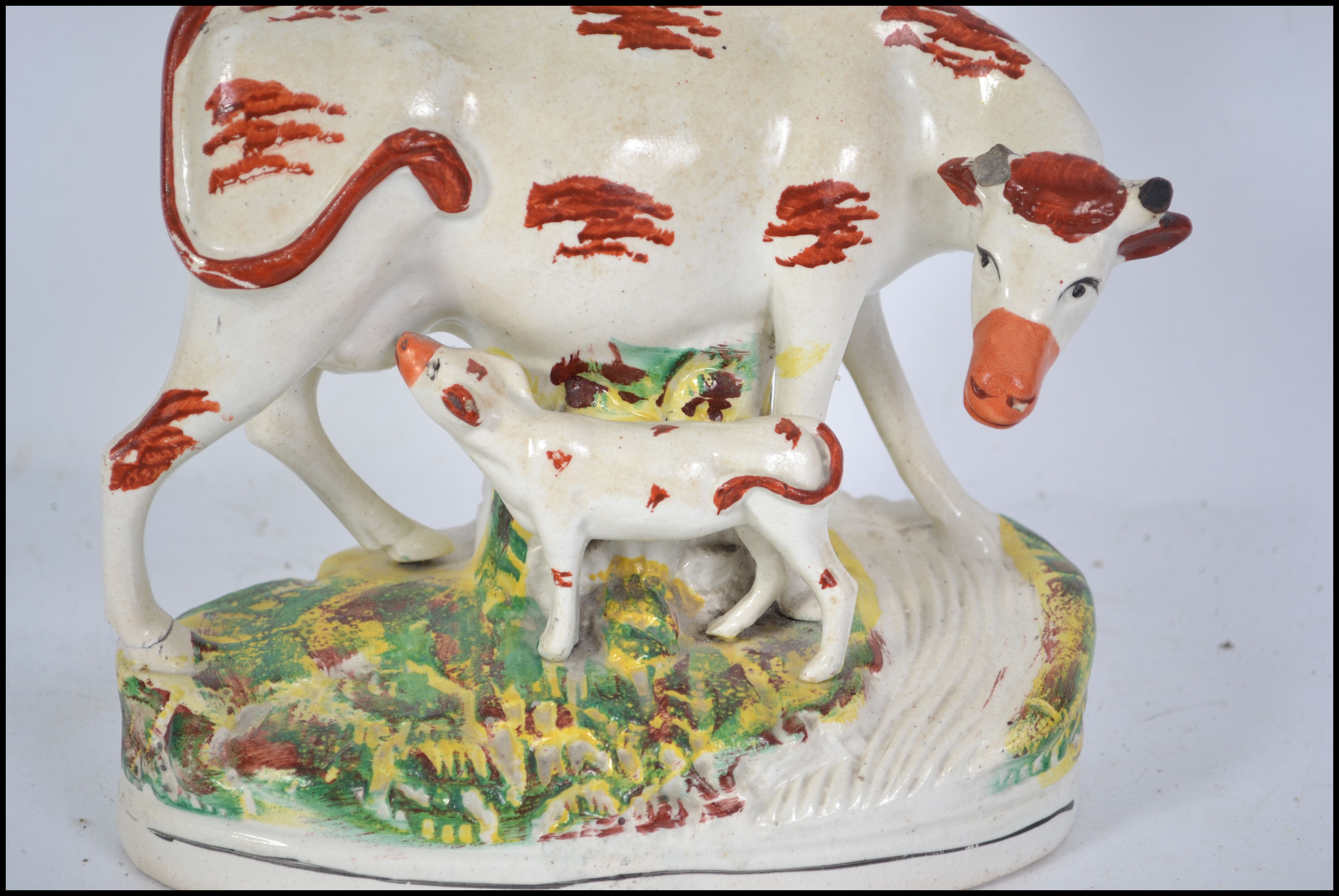A Victorian Staffordshire ceramic spill vase flat back. The figurine diorama depicting a cow and - Image 2 of 5