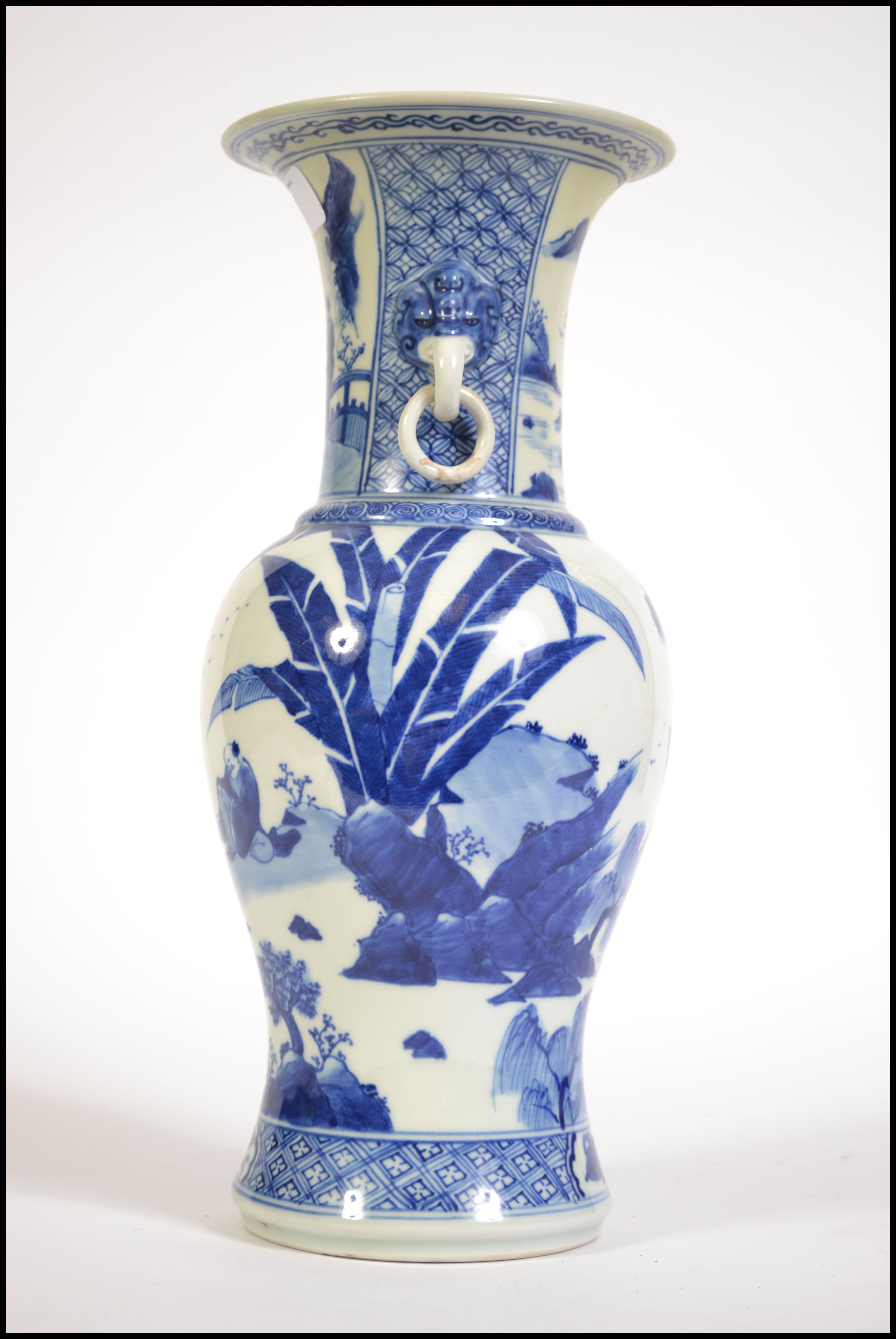 A Chinese blue and white Kang-xi type twin handled gu vase having ring handles with elephant mask - Image 4 of 10