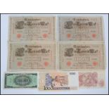 A collection of overseas banknotes to include 4 x 1000 Austrian / German Reichsbank notes, Bank of