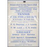 Bristol Civil Service Sports Club. Filton Ave.  POSTER re Official Opening of Hard Tennis Courts and