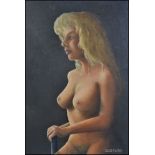 A 20th century oil on board unframed painting nude