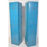 A pair of mid century Industrial metal blue lockers of upright form having good twist handles with