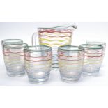A 1930's - Mid century lemonade set of clear glass with multicoloured hand painted wavey / chevron