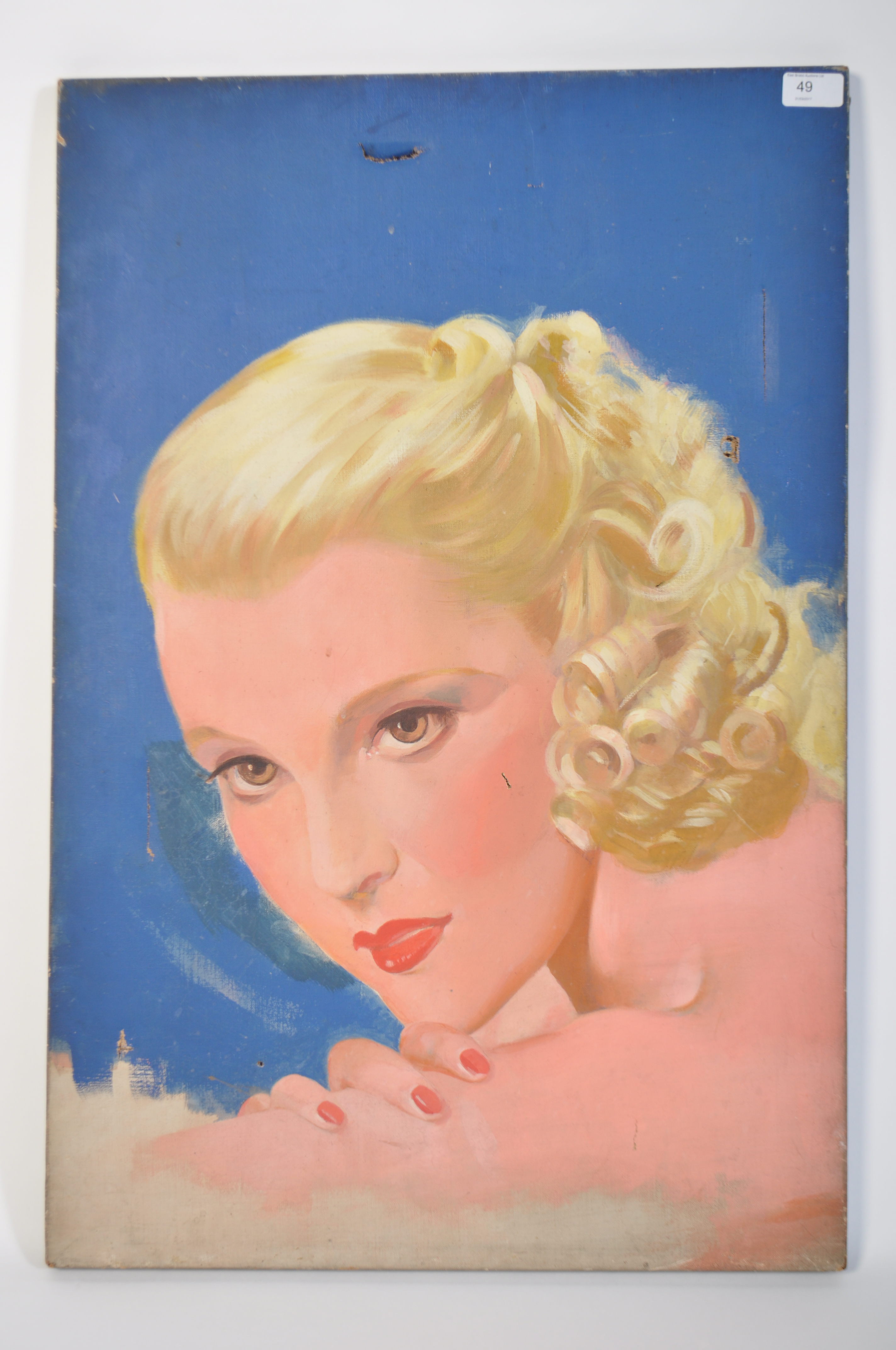 A good mid century 1940's oil on canvas portrait study painting of a glamour girl. Unframed and