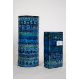 An interesting two piece collection of blue Bitolli ceramics.  A cylindrical vase and a rare